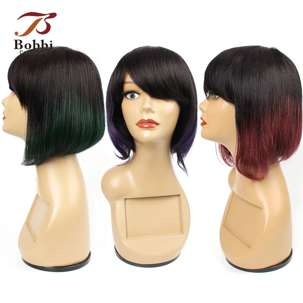 Bobbi Collcetion парик из человеческих волос с челкой Омбре Зеленый Фиолетовый Красный