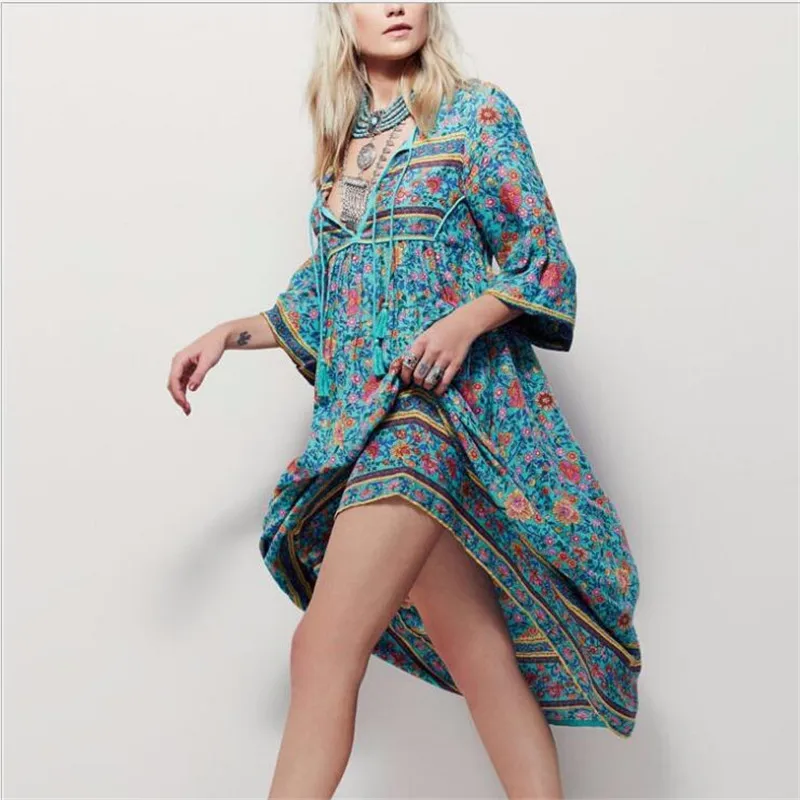 Женское платье с принтом повседневное Свободное в богемном стиле V образным