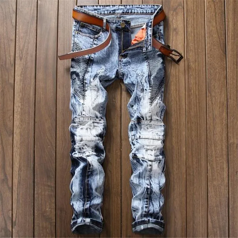 New fashion clothing designer pants destroyed mens slim denim straight biker skinny jeans men ripped Male Boys | Мужская одежда
