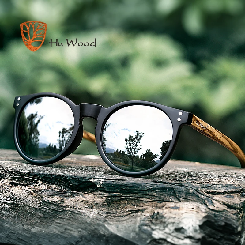 HU WOOD Brand Designer occhiali da sole polarizzati uomo montatura in plastica auricolari in legno moda ovale occhiali da sole lente a specchio UV400 GR8003