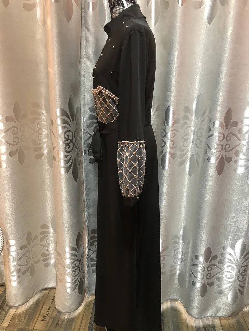 Элегантное мусульманское платье с алмазным бисером мусульманская абайя женское длинное Сетчатое вышивкой