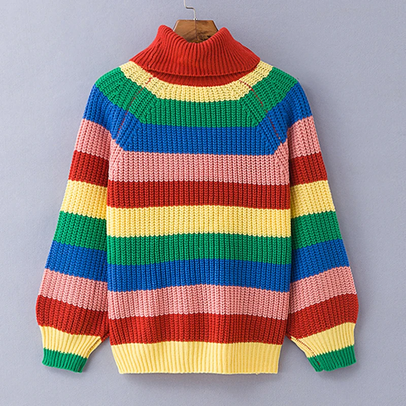 Rainbow Turtleneck Sweaters 2018 Winter Women Jumpers Knitted Clothes Female Fashion Striped Oversized Pullover | Женская одежда