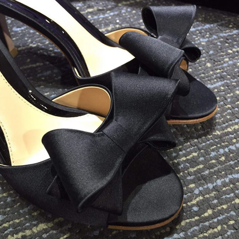 2021 Summer Shoes Woman Big Bow Thin High Heels Slippers Peep Toe Mules Lady Slides Shoes Plus Size 43 Black Red Women Sandals