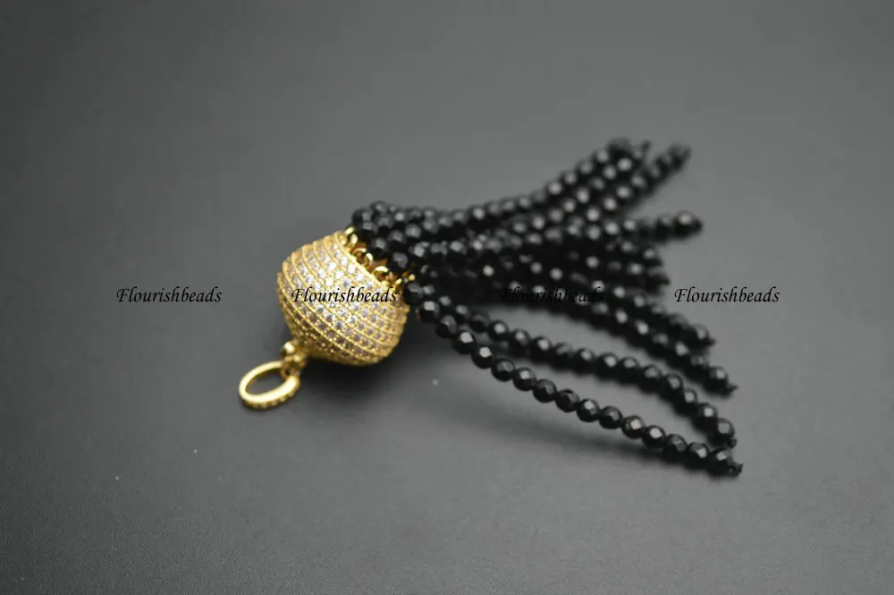 Paved CZ Beads Crown Metal Cap 3mm Faceted Black Onyx Agate Stone Round Tasssel Pendant Fit Fashion Necklace Making | Украшения и