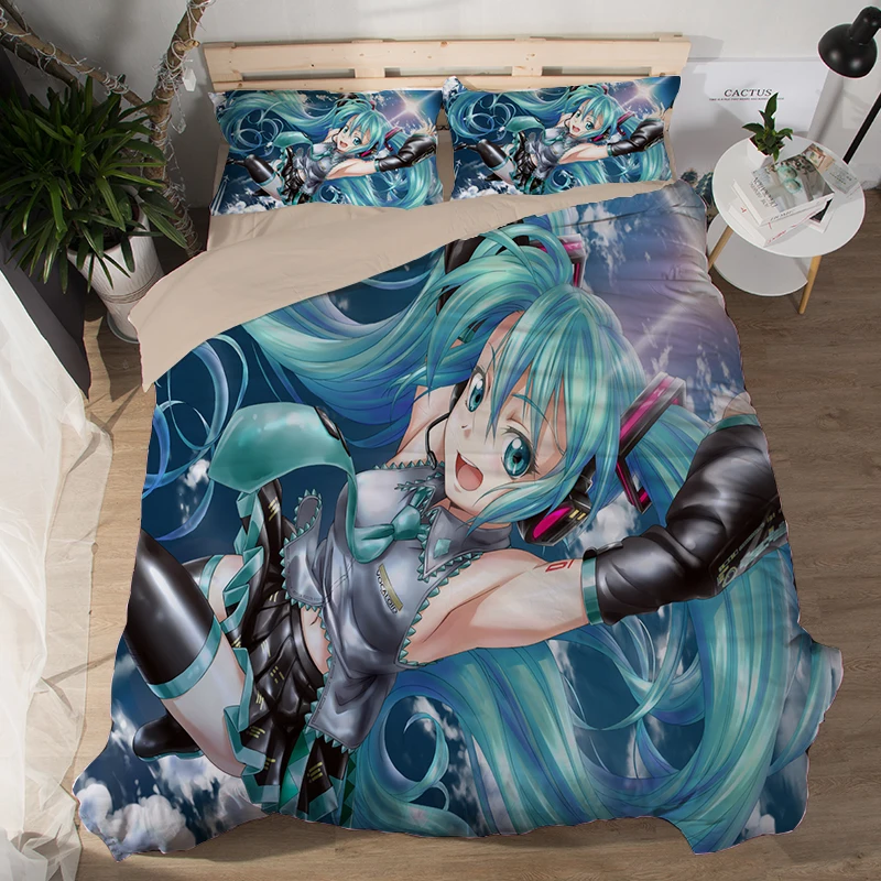 Японское аниме Hatsune Мику постельного белья покрывало Стёганое одеяло наволочка 3 шт. пододеяльник устанавливает розовый белый Королева Король постельное белье
