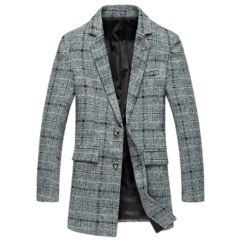 Men's autumn and winter classic plaid large size slim wool high-end long-length woolen coat / new boutique windbreaker