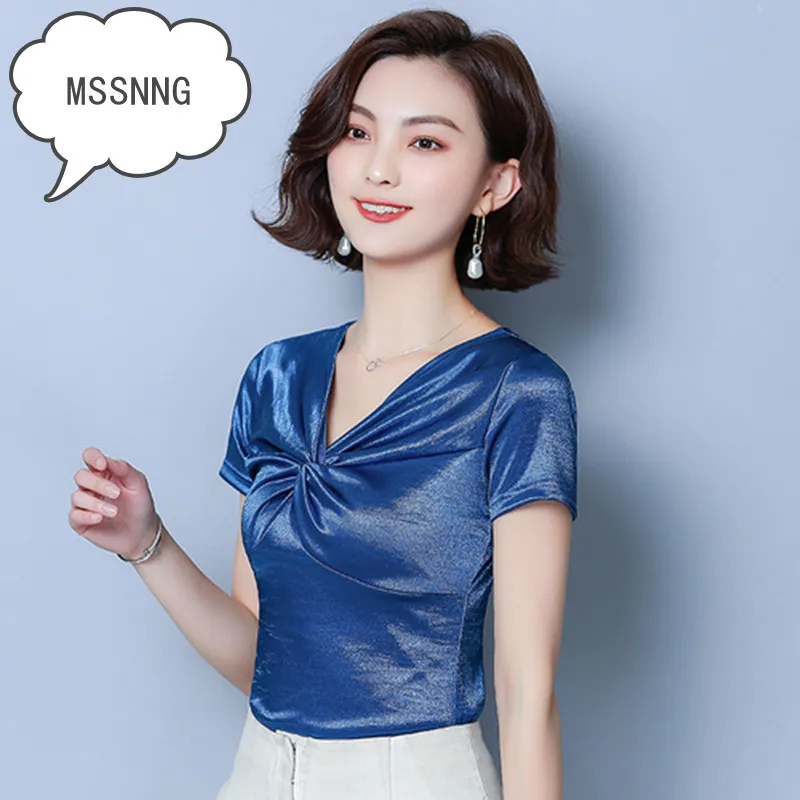 Женская однотонная приталенная рубашка с v-образным вырезом футболка коротким