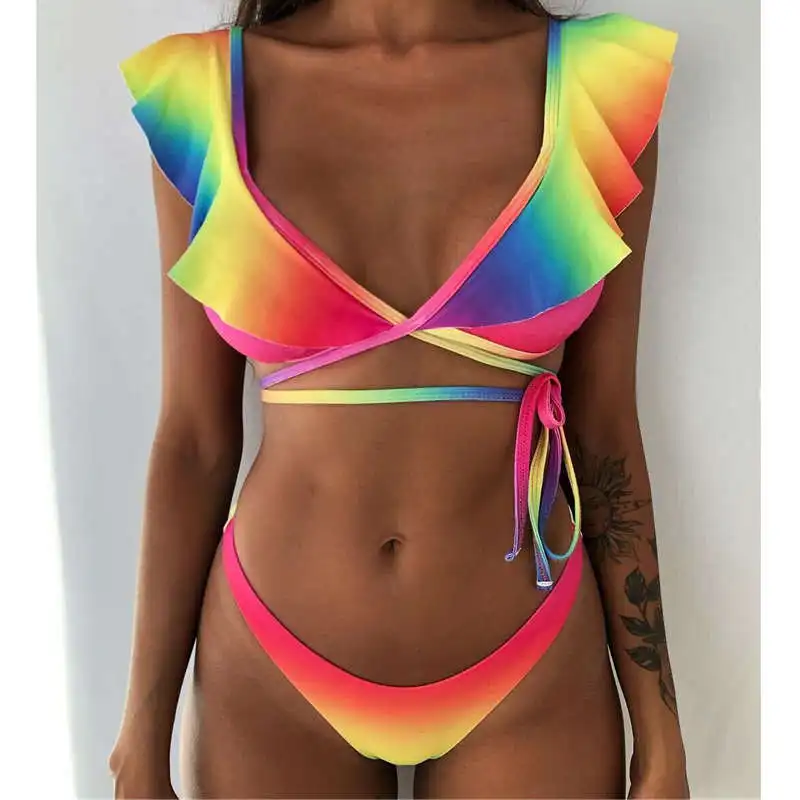 NEW Summer Mujer Women Padded Bikini Set Brazilian Monokini Printed Colorful Ruffle Swimwear Swimsuit Bathing Suit Maillot Femme | Спорт и