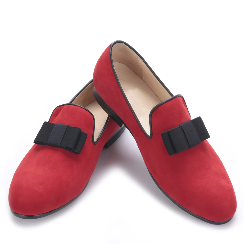 Красные и черные мужские бархатные туфли ручной работы с бантиком лоферы на