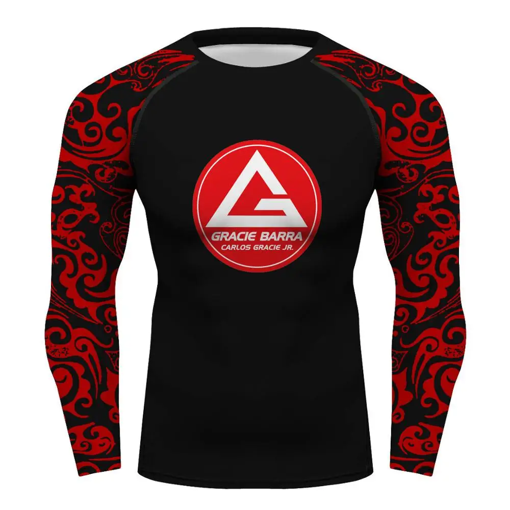 Черный Custom Gracie Barra Carlos GR бразильский джиу джитсу компрессионная рубашка с длинным рукавом Gym gi bjj rashguard футболка GB Мужская футболка - Цвет: Черный