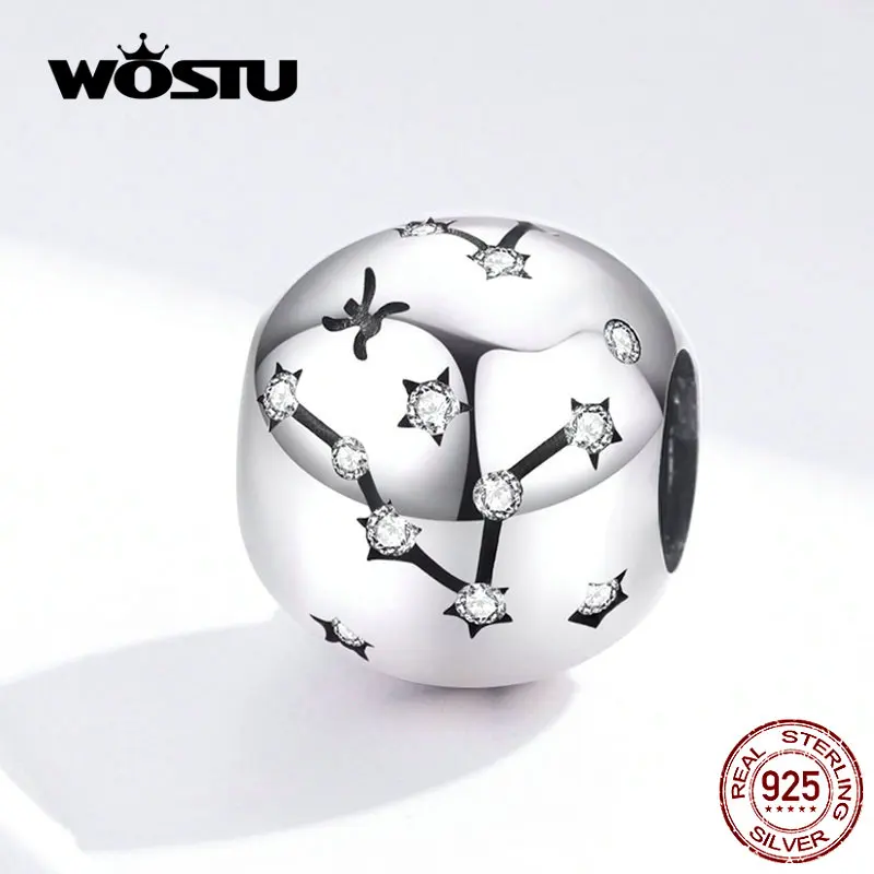WOSTU 12 Созвездие овна бусины 925 пробы Серебро CZ Шарм Подходит DIY браслет бусины для изготовления ювелирных изделий FIC1218