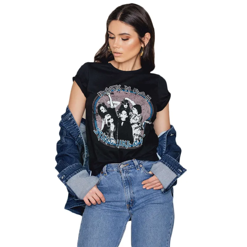 Винтаж характер Band Tee Лето 2017 г. футболка с печатными буквами Новое поступление