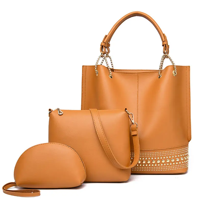 Brown YASICAIDI стиль, экокожа(полиуретан), Для женщин сумка 3 шт./компл., украшены заклепками, кожа Повседневное Сумка-тоут с верхней ручкой, дамские ручные сумки Курьерские сумки кошелек - Цвет: Brown