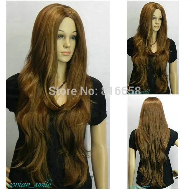 Темно коричневый Mix Длинные Прямые Расстались среднего женщин Женщина Леди Парик