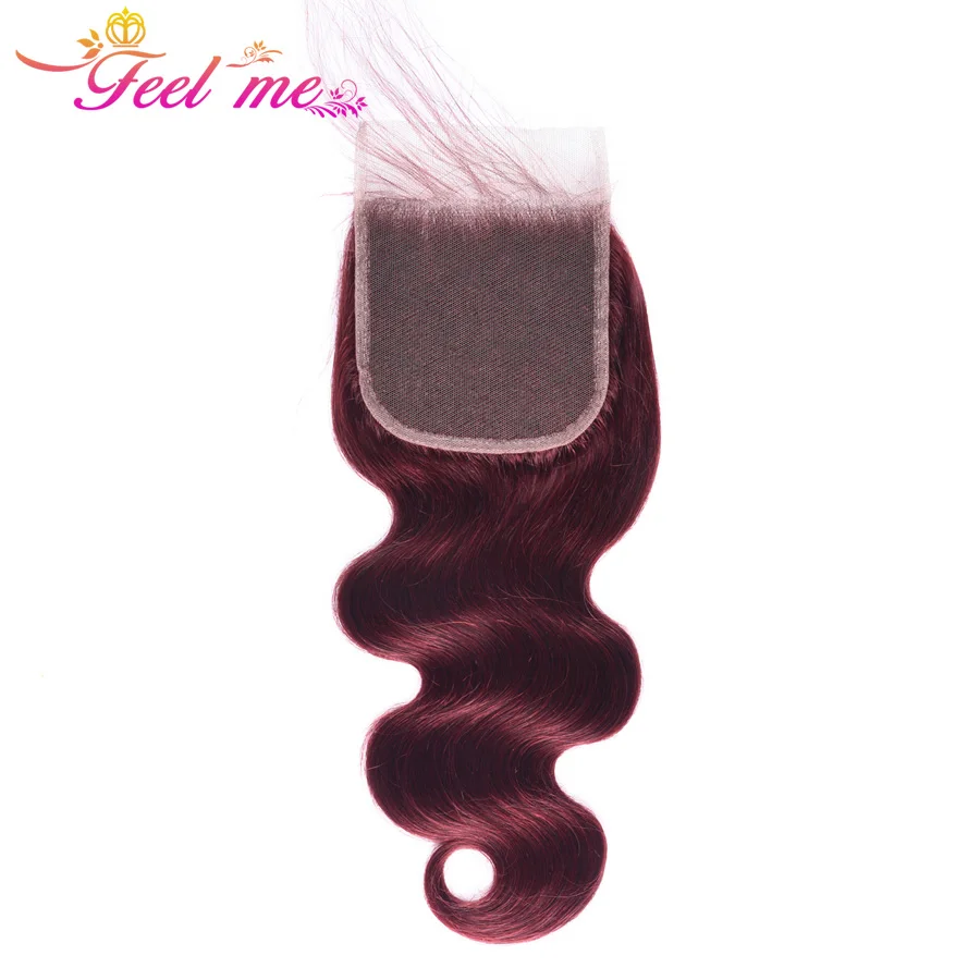 Feel Me Hair MalaysianClosure Human With Bundles Burgundy Body Wave 3 Frontal #99j Pre-Colored Non-remy | Шиньоны и парики