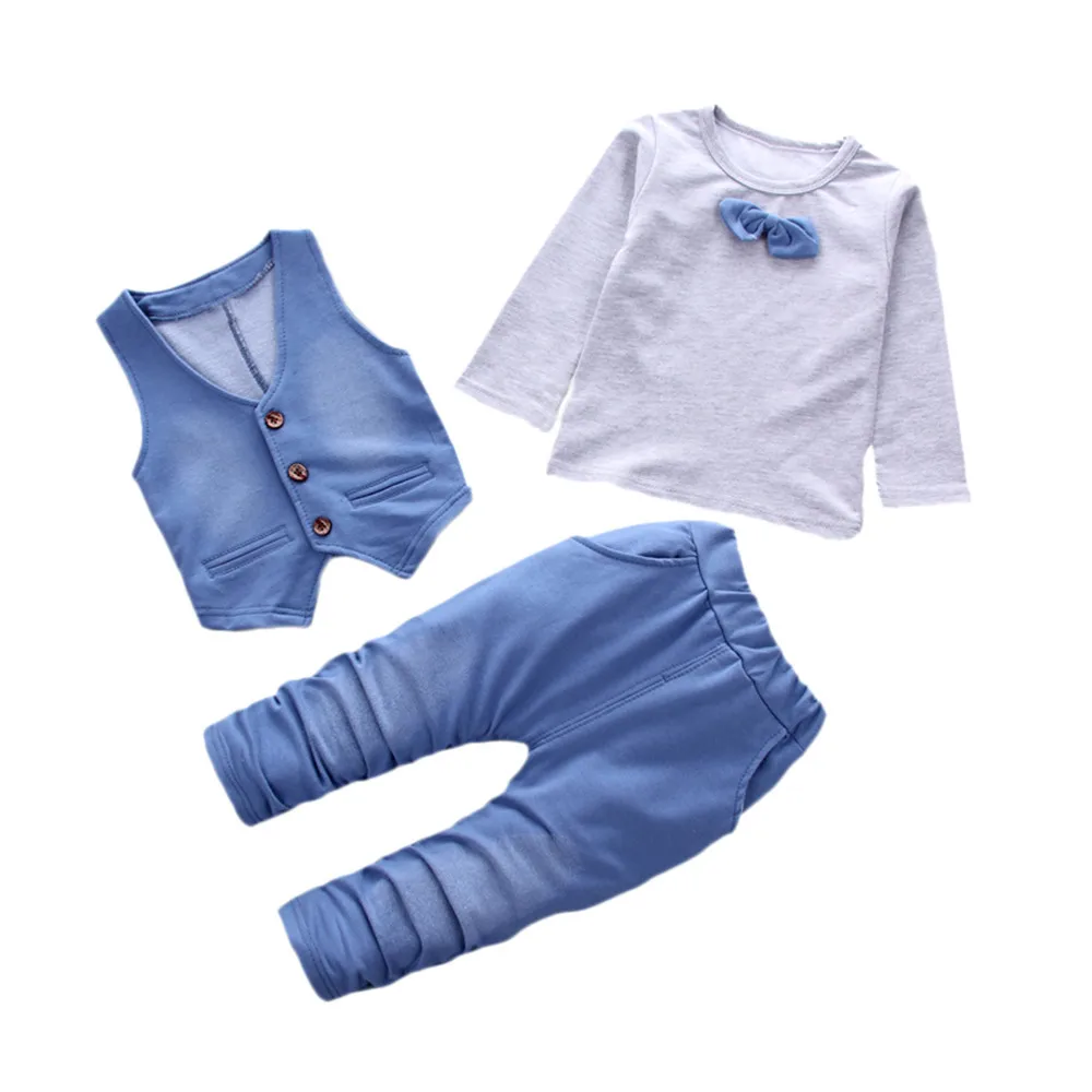 2019 Children's Sets Fashion Baby Clothing Denim Style Long Sleeve Tie T-shirt+Pants+Vest Gentleman Clothes Set dropshipping | Детская