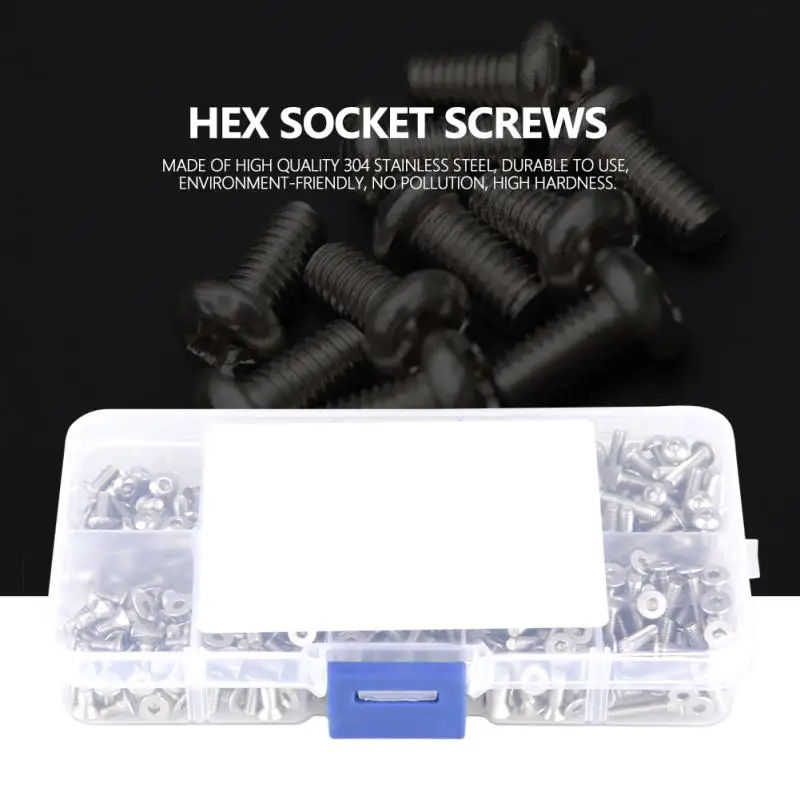400pcs/set M3 Screws 304 Stainless Steel Pan And Flat Head Hex Socket Bolts Set Fastener Hardware with Box | Обустройство дома