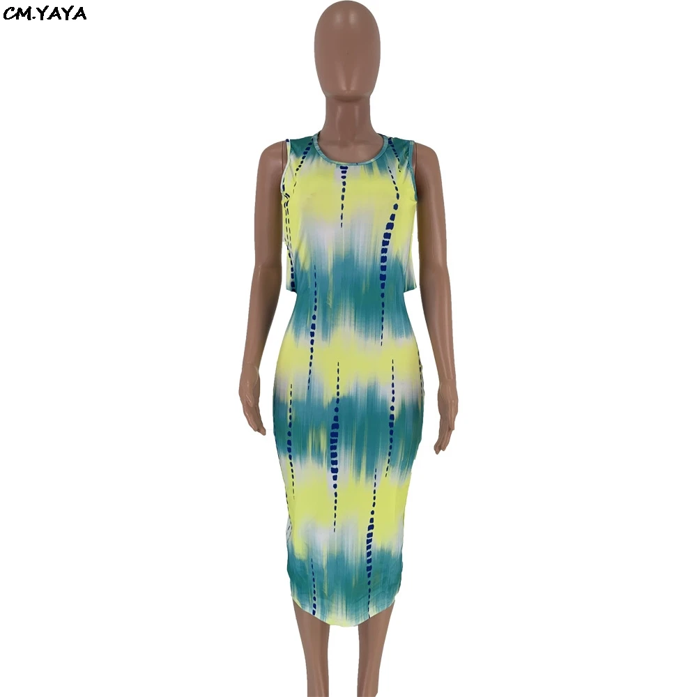2019 women new summer tie dye galaxy print o-neck sleeveless cut out waist bodycon midi knee length dress vestidos GLDN8254 | Женская