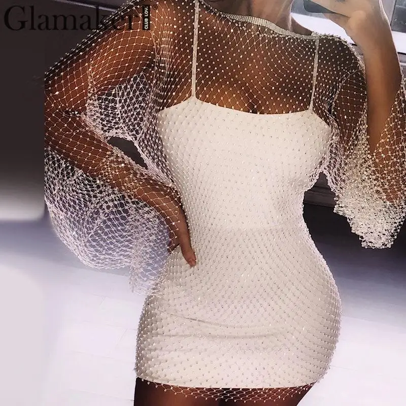 Белый Glamaker, выдалбливают, алмазные, вечерние, женское платье, Ретро стиль, прозрачное, сексуальное, ретро, Клубное, летнее платье,, vestidos de fiesta - Цвет: Белый