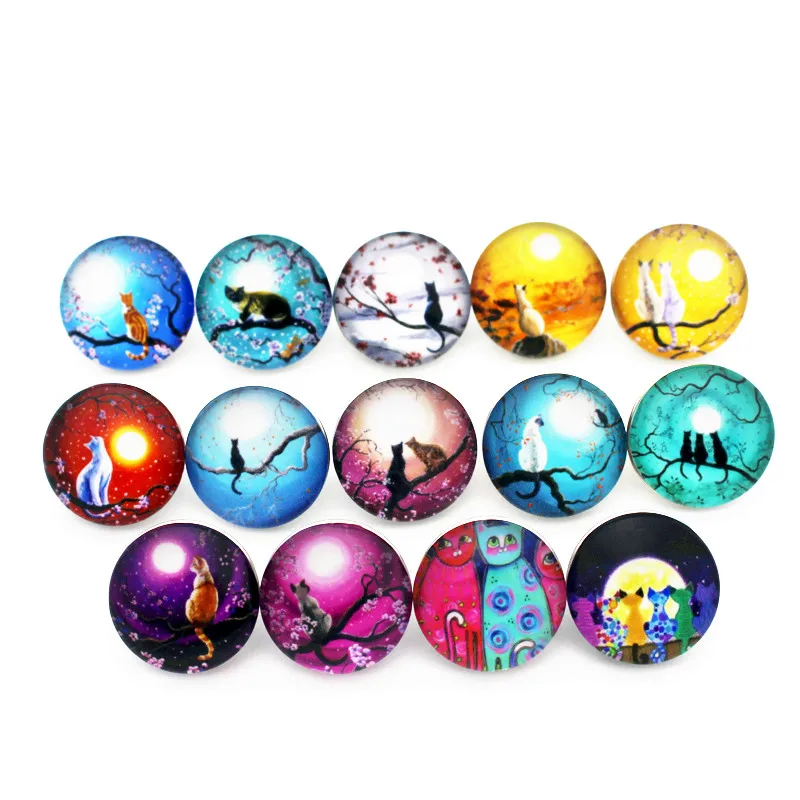 New Snap 12pcs/lot Cartoon Black Cat Glass Buttons Charms Fit 18mm Giger Button Bracelet&ampBangles DIY Jewelry | Украшения и