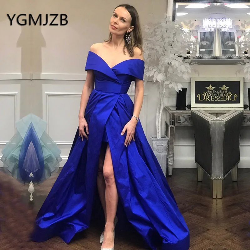 

Simple Royal Blue Evening Dresses 2019 A-Line Off the Shoulder High Slit Long Prom Gown Women Formal Prom Gown Party Dress