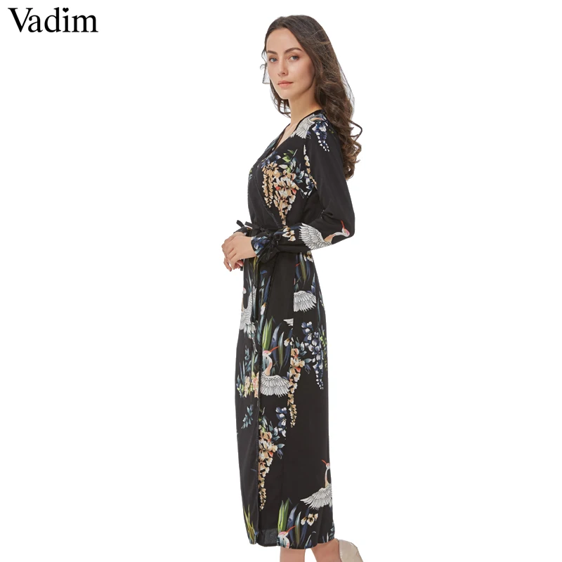 Vadim flower crane pattern maxi wrap dress v neck retro sashes bow tie long sleeve vintage bird chic loose casual Vestidos | Женская