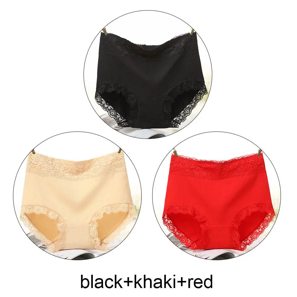 black khaki red 3 шт., Трусики с высокой талией, хлопковое нижнее белье для женщин, однотонные бесшовные трусы, кружевные сексуальные трусики, женское нижнее белье для зимы, новинка - Цвет: black khaki red