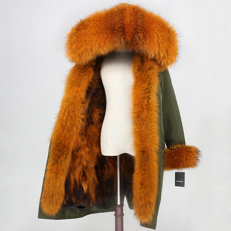 OFTBUY X-long Parka, водонепроницаемая тканевая зимняя куртка, Женское пальто с натуральным мехом енота, меховой воротник, капюшон, Лисий мех, съемная подкладка - Цвет: green orange F