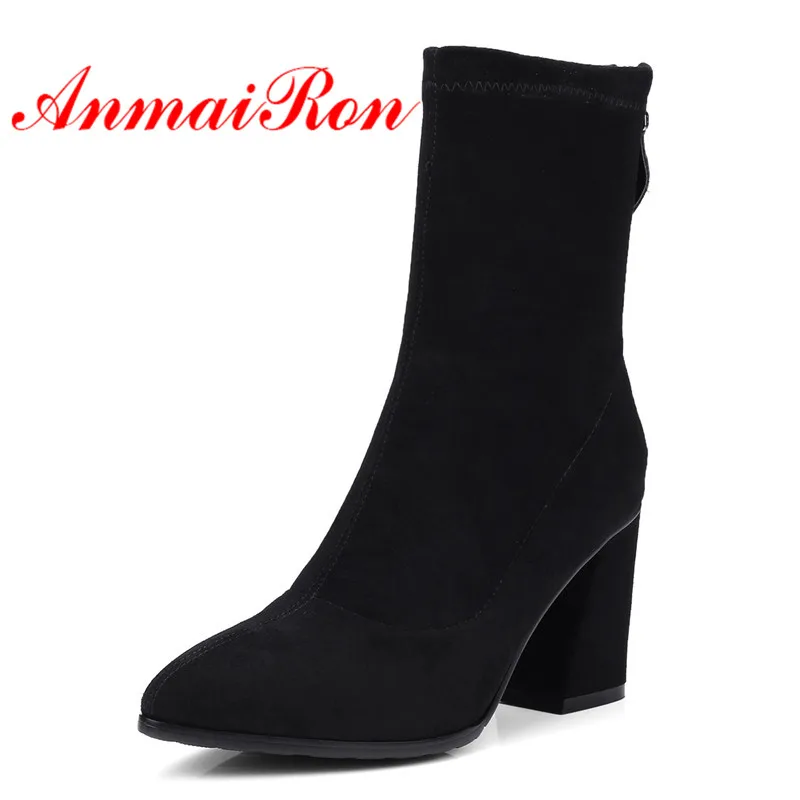 

ANMAIRON Women Ankle Boots Pointed Toe Shoes Size 34-40 High Heels Thick Heel Fashion Boots Female Winter Boots Zip Flock CR740