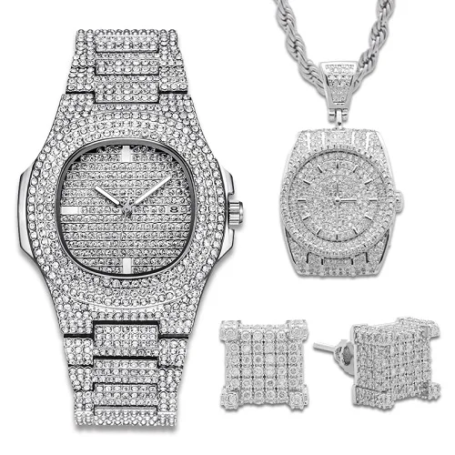 silver set Lureen в стиле хип-хоп 3 шт. полный кубический цирконий кварцевые часы Подвеска Ожерелье серьги мужские комбо набор ювелирных изделий вечерние подарок W0001 - Окраска металла: silver set
