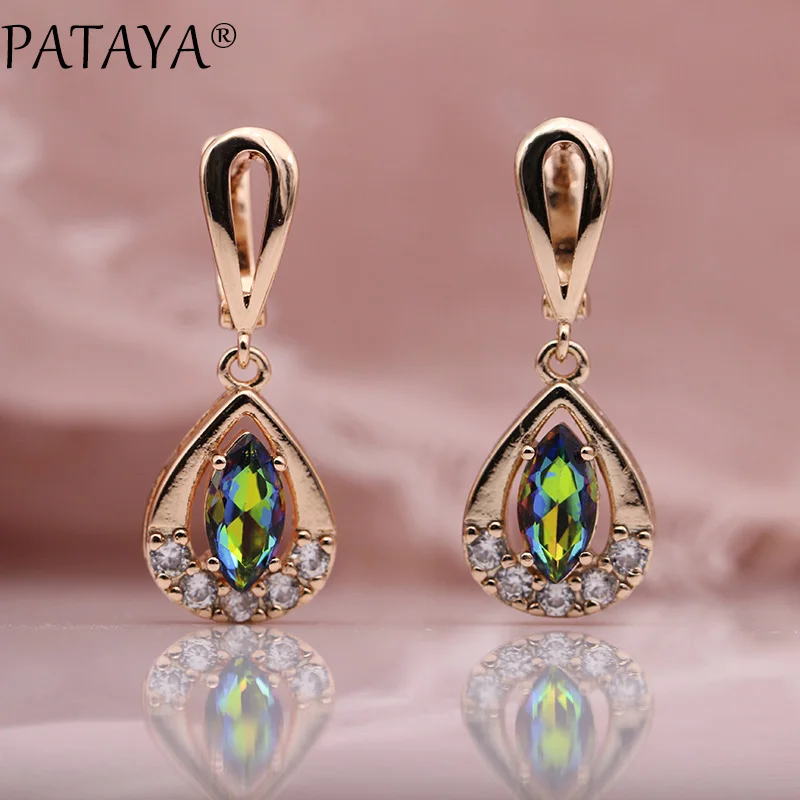 AB color PATAYA, новинка 585, модные, розовое золото, AB, капля воды, натуральный циркон, длинные висячие серьги для женщин, свадебные милые серьги, ювелирное изделие, 12 цветов - Окраска металла: AB color
