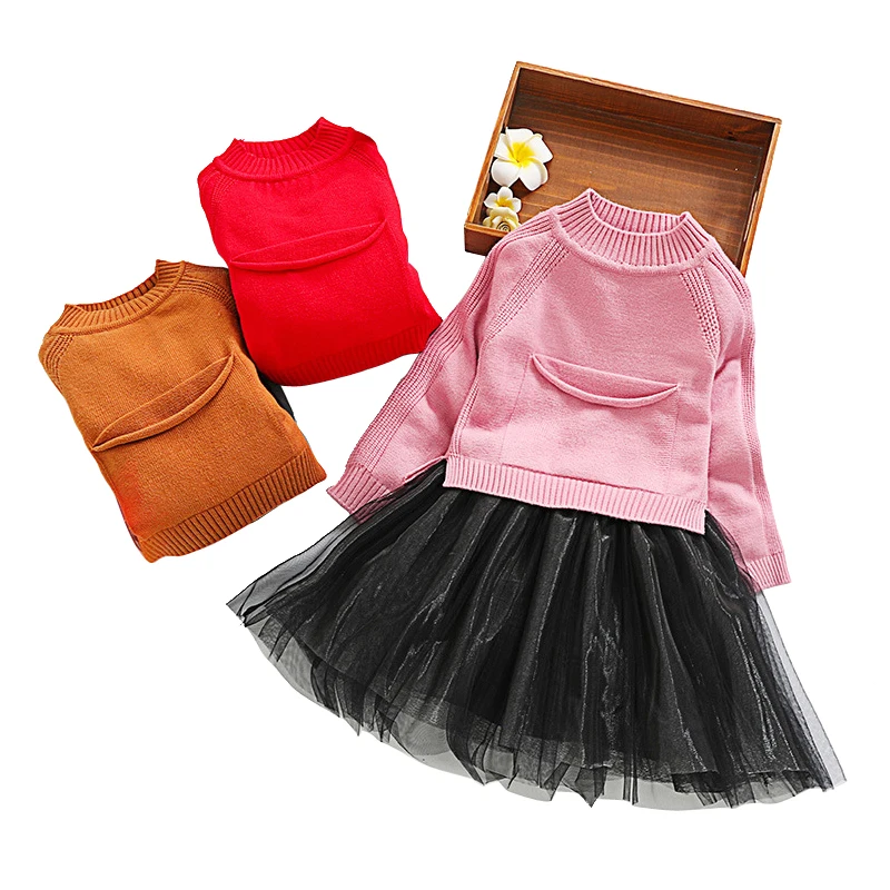 winter thick warm knit tulle 2 pcs set dresses age 3 - 12 yrs baby girls long-sleeve dress+sweater party frocks for little | Детская