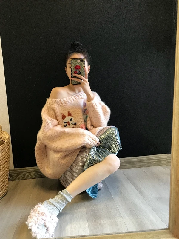 2020 Full Poncho Jumper Pullover Spring New Women's Sweater Garden For Cat Embroidery Mohair Heavy Work Leaking Shoulder Women | Женская