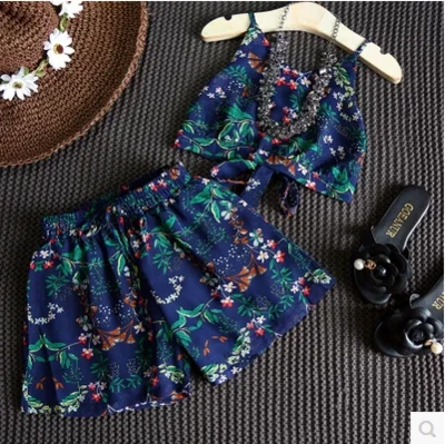 

2017 summer clothes girls chiffion kids clothes for girl flower print children clothing set 2pcs vest+shorts toddler jacket