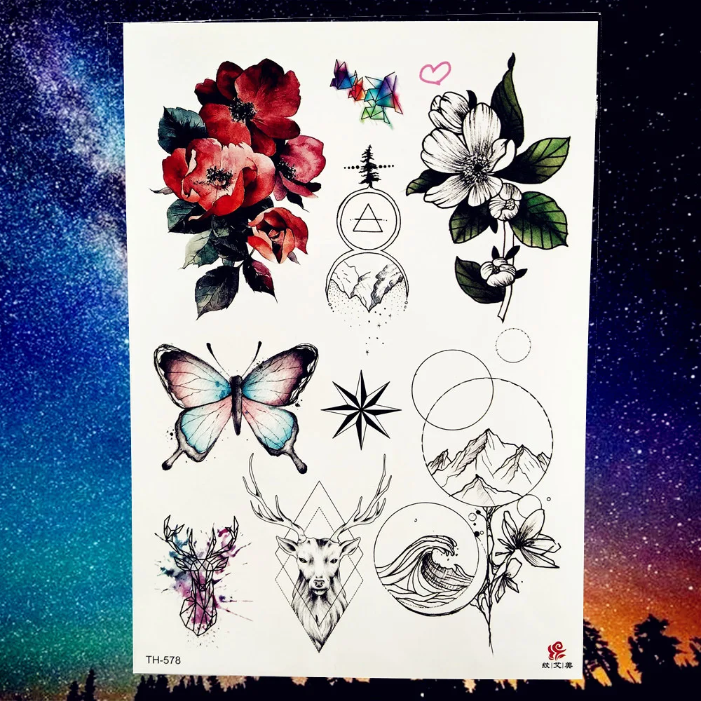 Временная тату-наклейка Camellia Rose Sweetpeas Plum Blossom Leaves Дейзи, сексуальные черные татуировки для боди-арта, поддельные тату-пасты для девушек - Цвет: PTH578