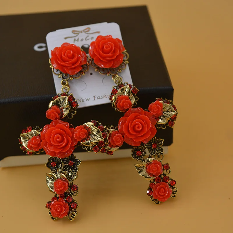 Винтаж барокко крест серьги для женщин красный цветок падения длинные висячие