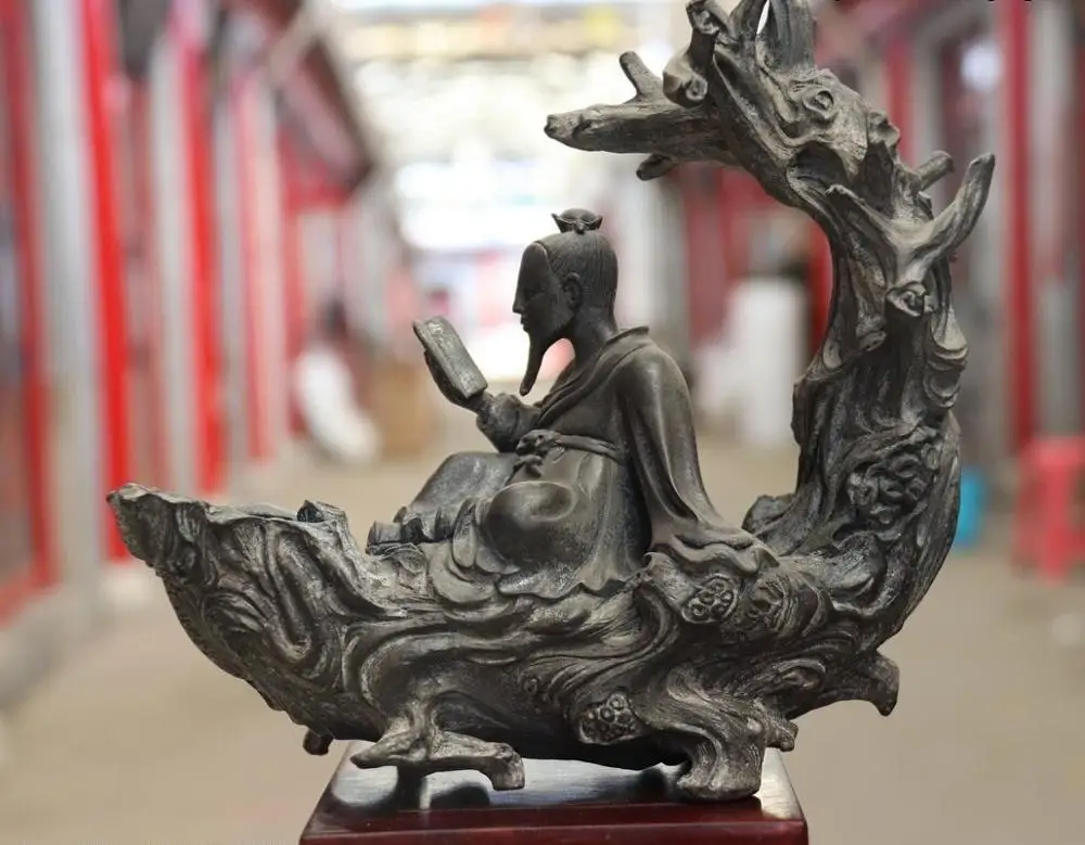 

Chinese Folk Copper Bronze Old Man Reading Leisurely Sitting Tree Trunk Statue