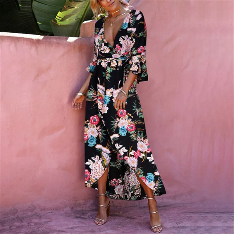 Женское длинное платье в богемном стиле Пляжное Платье макси с v-образным вырезом