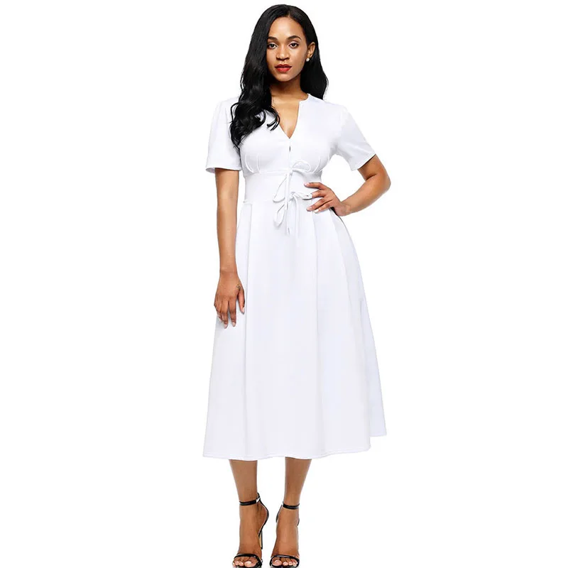 LOVEBATU Brand Ankle Length Dress Splicing Bow Tie Shot Sleeve Dresses | Женская одежда