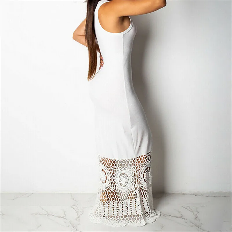 

Women Long Dresses Ladies Sleeveless Loose Summer Casual Maxi Dress Fashion Ladies Solid Color Evening Party Beach Lace Dresses