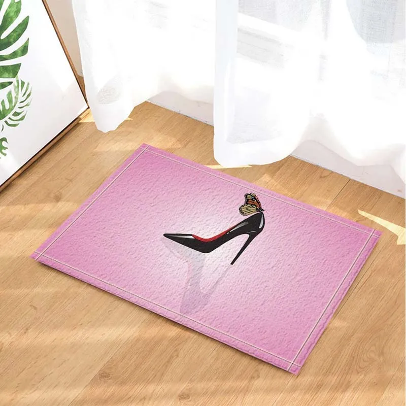 

Fashion Girl Decor Butterfly Flying on High Heels in Pink for Woman Bath Rugs Non-Slip Doormat Floor Entryways Indoor Front Door