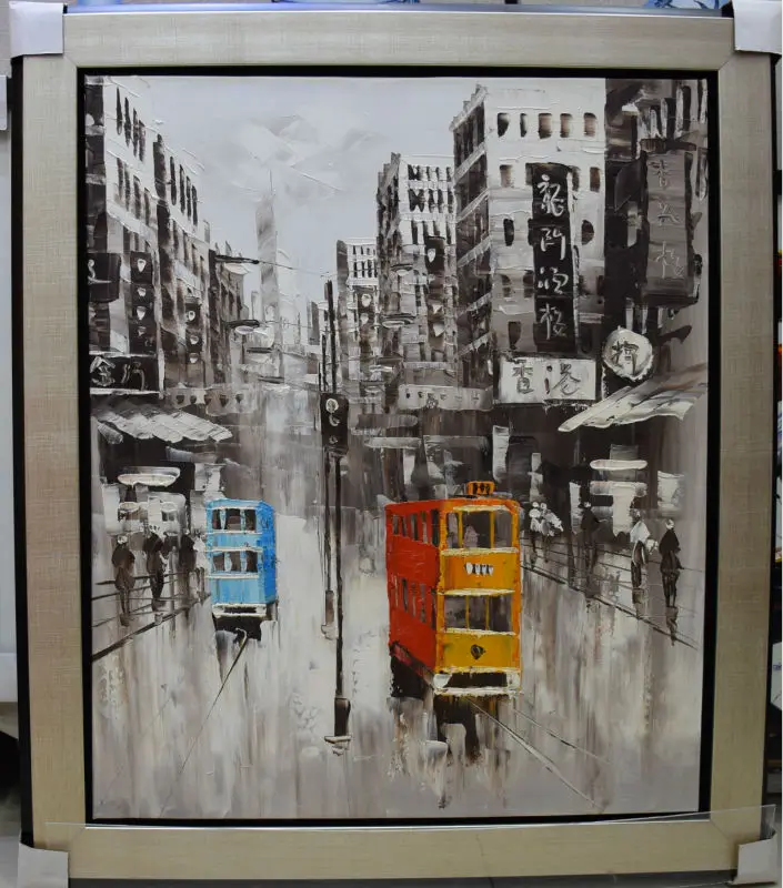 

Hand Painted Canvas Knife Oil Painting Abstract Hong Kong Trams Street Painting Wall Picture for Home Decoration