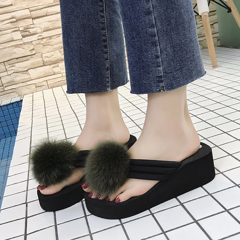 Для женщин Летние вьетнамки тапочки модные кроличьим мехом Высокая платформа