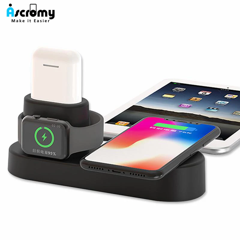 Беспроводная зарядная док станция Ascromy 4 в 1 для iPhone XS Max XR X Samsung S9 Apple Watch Airpods Tablet Qi