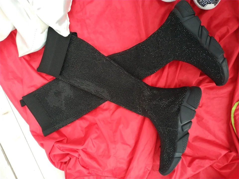 Модные женские туфли Вязание носок сапоги спортивная мужская обувь на плоской подошве, ручная работа, Демисезонный Стразы тапки Для женщин воздуха брендовые ботфорты