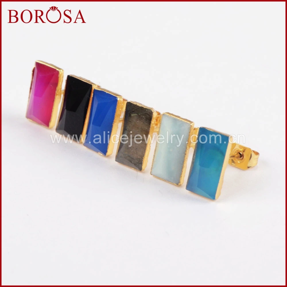 

BOROSA Fashion Druzy Stud Earrings,Rectangle Gold Color Natural Multi-kind Stones Faceted Drusy Stud Earrings for Women G1298