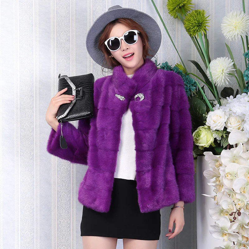 purple Цельная кожа, короткая верхняя одежда, пальто для женщин, шуба из натуральной норки,, зимняя одежда, рукав 3 четверти, воротник-стойка, норковые меховые куртки - Цвет: purple