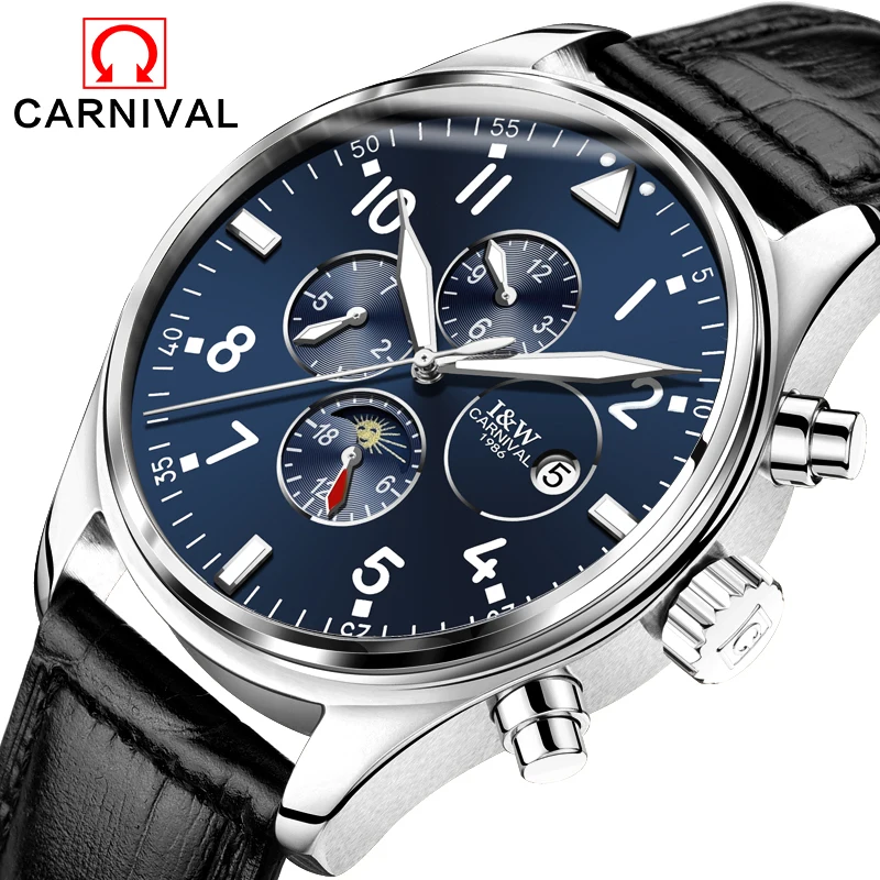 Мужские автоматические механические часы Carnival Sapphire водонепроницаемые черные