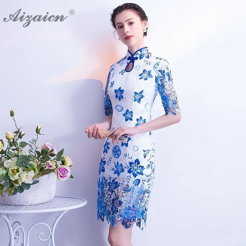 Сине-белые тонкие длинные платья Чонсам современное Восточное атласное платье