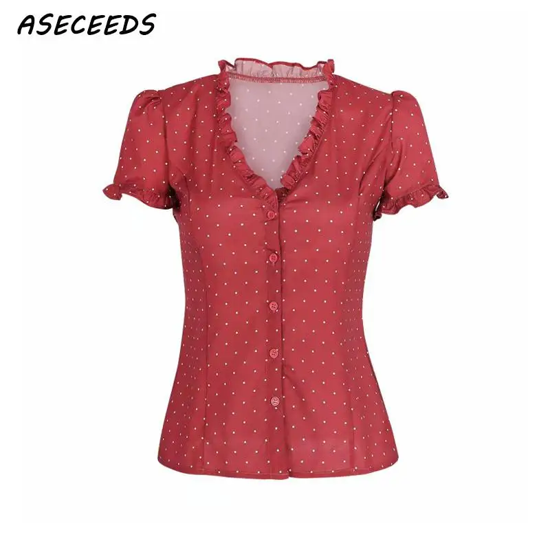 Винтажные Женские топы и блузки летняя пикантная шифоновая блузка с оборками V